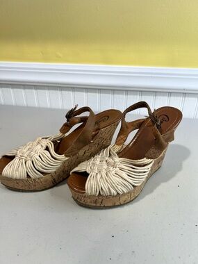 Candie's Cream Macramé Cork Wedge Sandals with Brown Straps